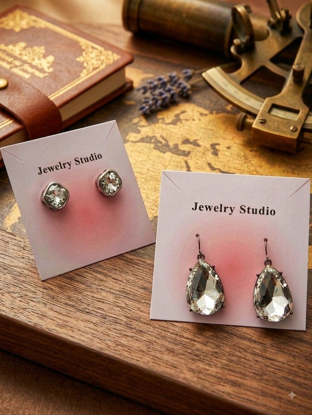 Fashion Jewelry Clear Teardrop Dangle & Clear Stud Glass Stone Earring Set Of 2 - Picture 3 of 16